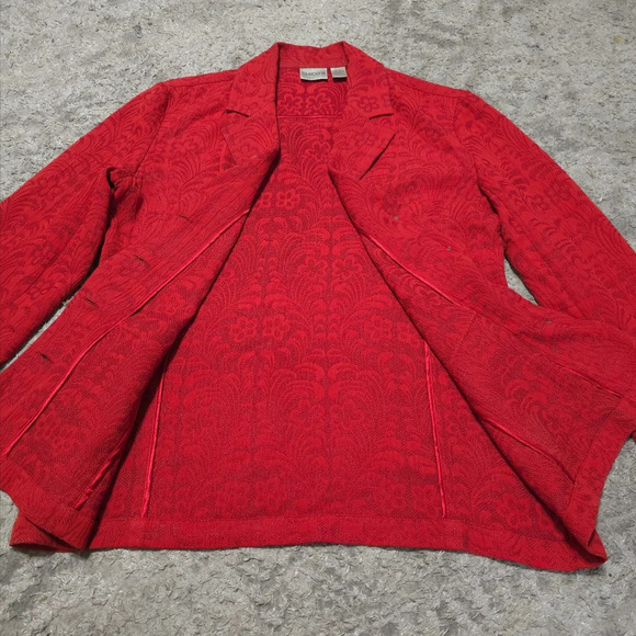 CHICOS 100% Silk Floral Knit Patterned Blazer, Red Orange, Unlined, Size 1, M - Picture 14 of 16